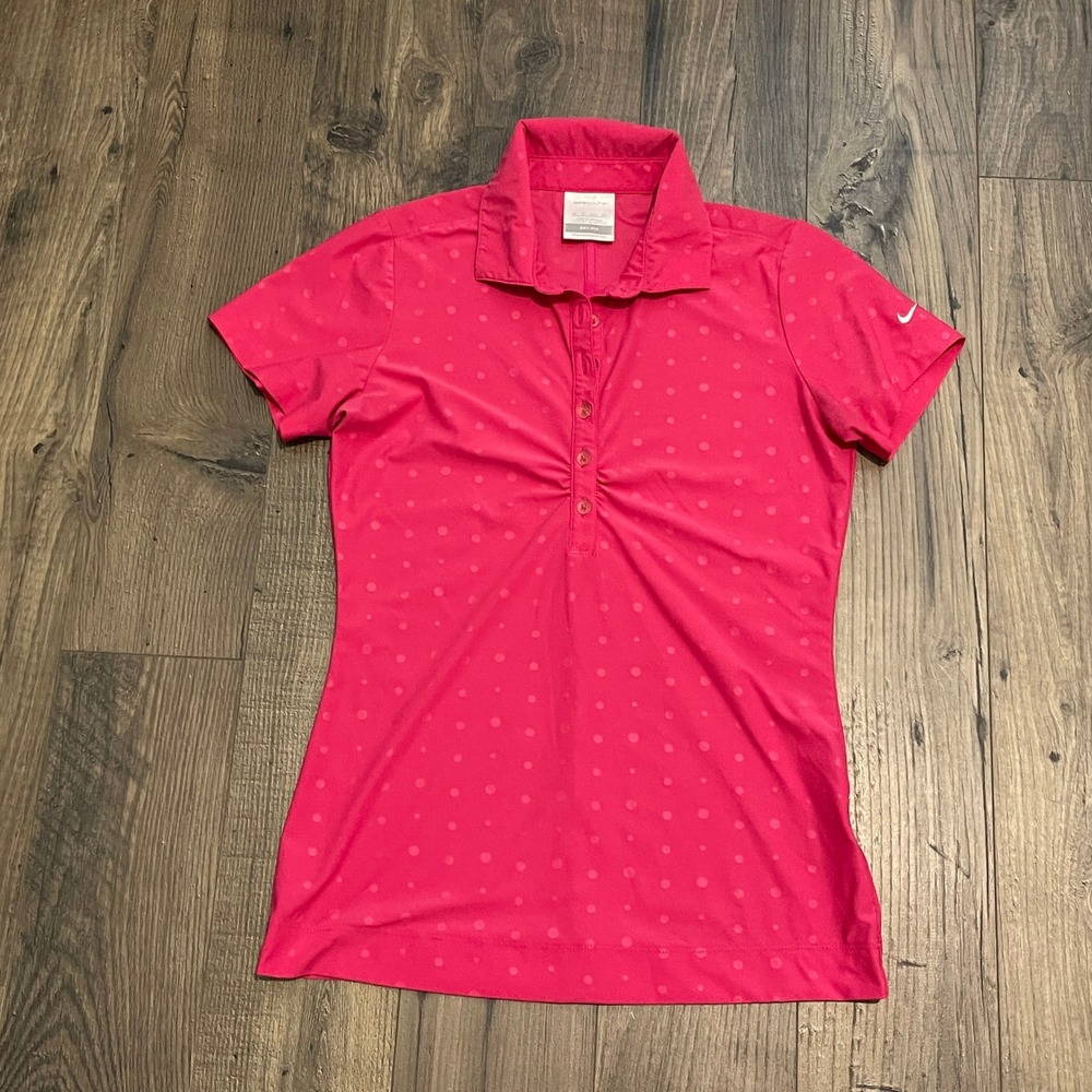 Nike Golf Women Pink Polka Dot Dri-FIT Short Sleeve Polo Shirt XS 597926-650